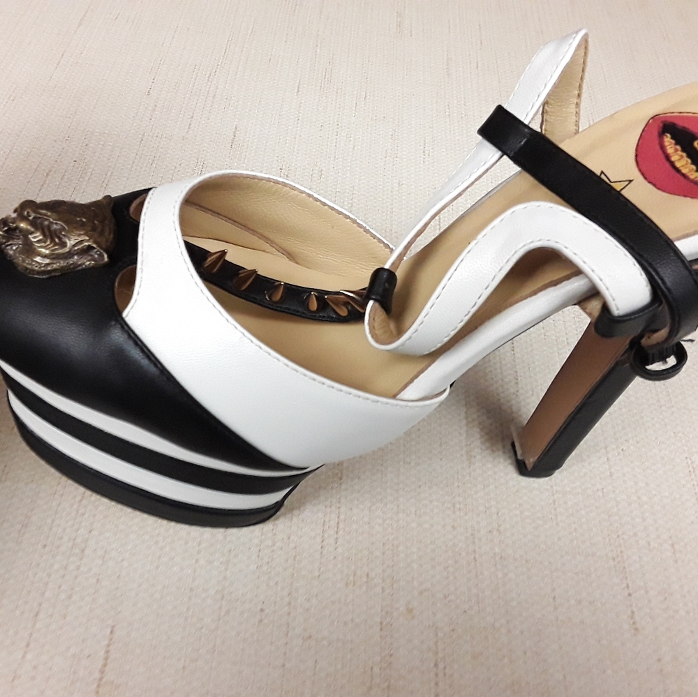 Gucci Lion Spike Black White Striped Heels 42 12 - Picture 8 of 8